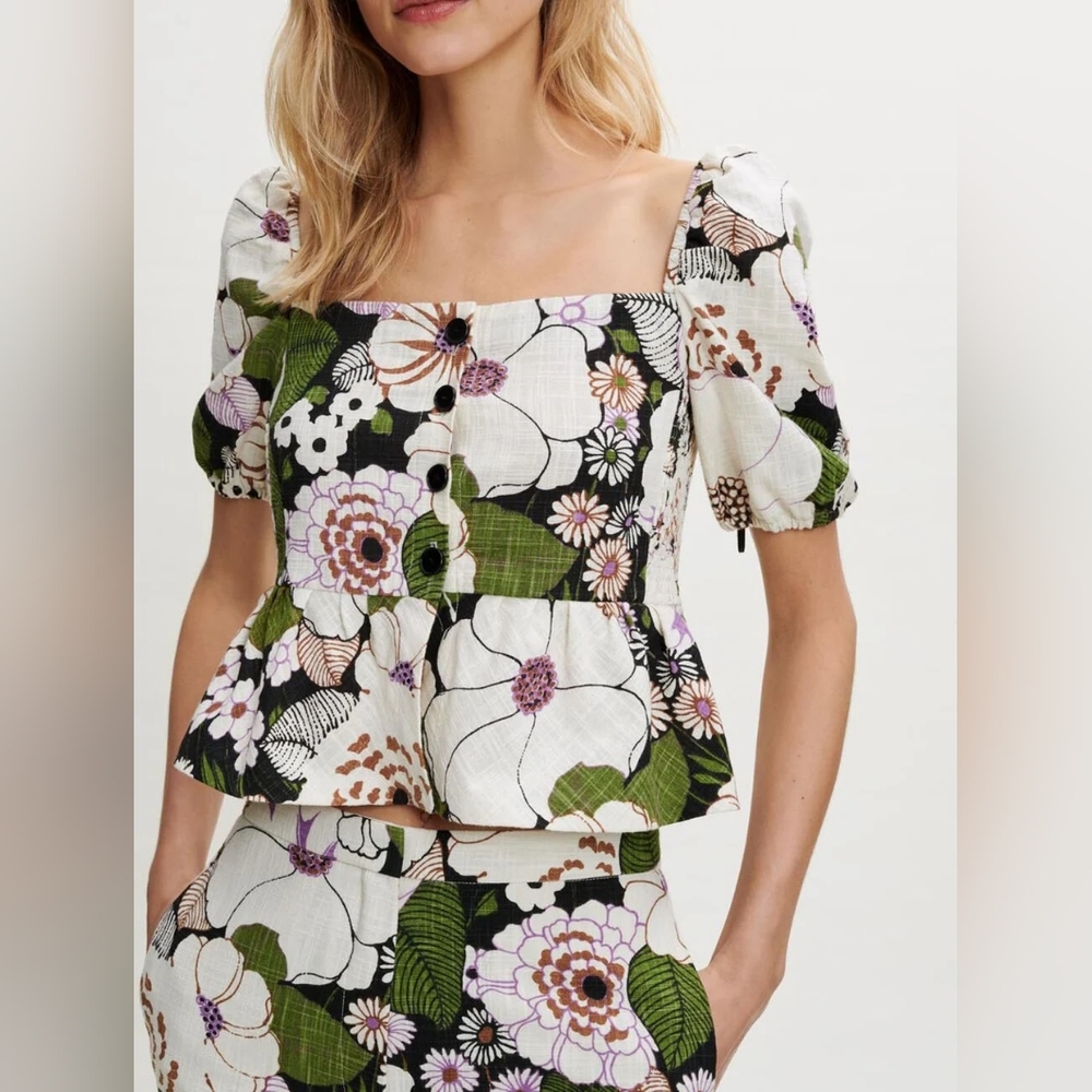 MAJE Loflower Cropped Organic Cotton Puff Sleeve Button Down Peplum Top Sz 1/S